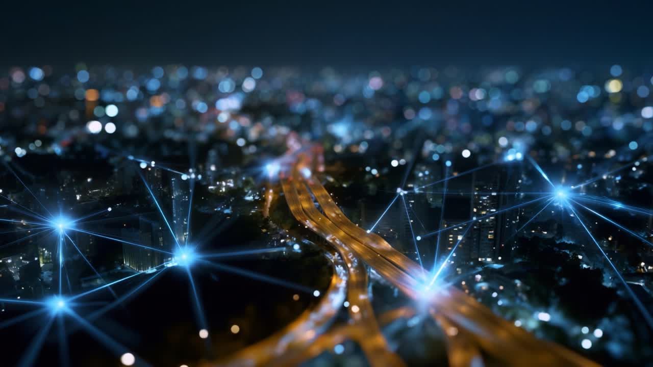 Aerial View of a Night Cityscape Featuring Illuminated Highways Intersected by Digital Connectivity Lines and Urban Lights Against a Vibrant Skyline