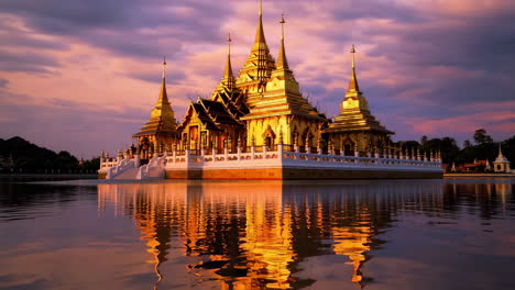 golden temple reflection on a calm lake at sunset
