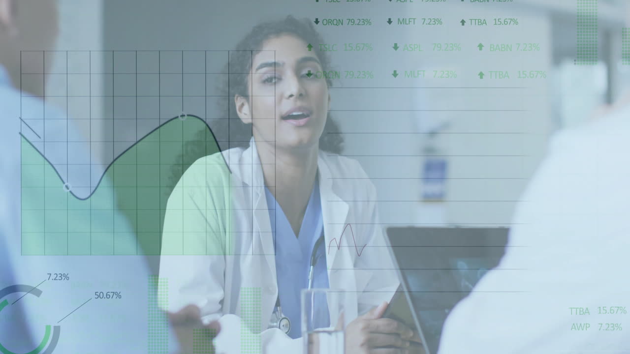 female doctor leading medical team in hospital meeting room, highlighting semi-transparent charts