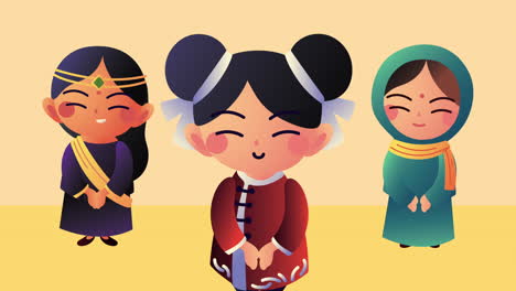 asian culture group of girls animation