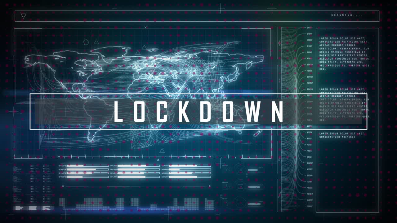 세계 지도와 데이터 처리에 대한 코로나 19 봉쇄 텍스트의 애니메이션