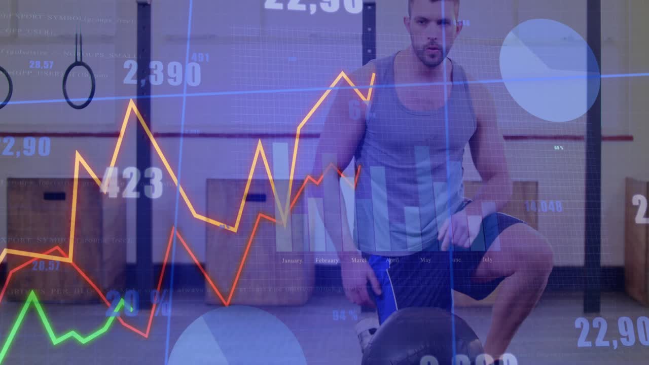 Man using medball, doing plank pushups as fitness charts tracking shifting to kneel and stand