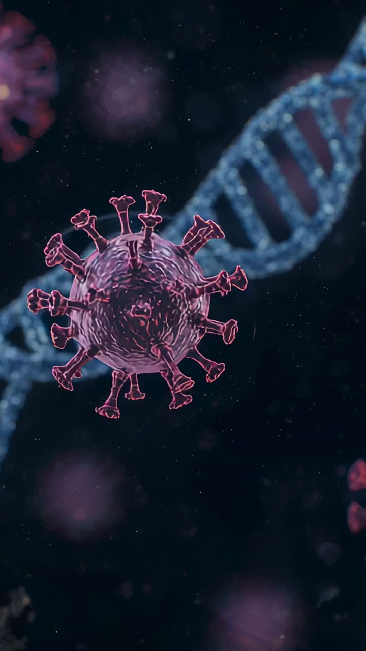 Vertical video: Zooming blue DNA helix rotating, showing rungs in dark, white spot and pink virus
