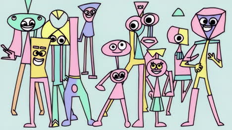 whimsical geometric characters in pastel colors