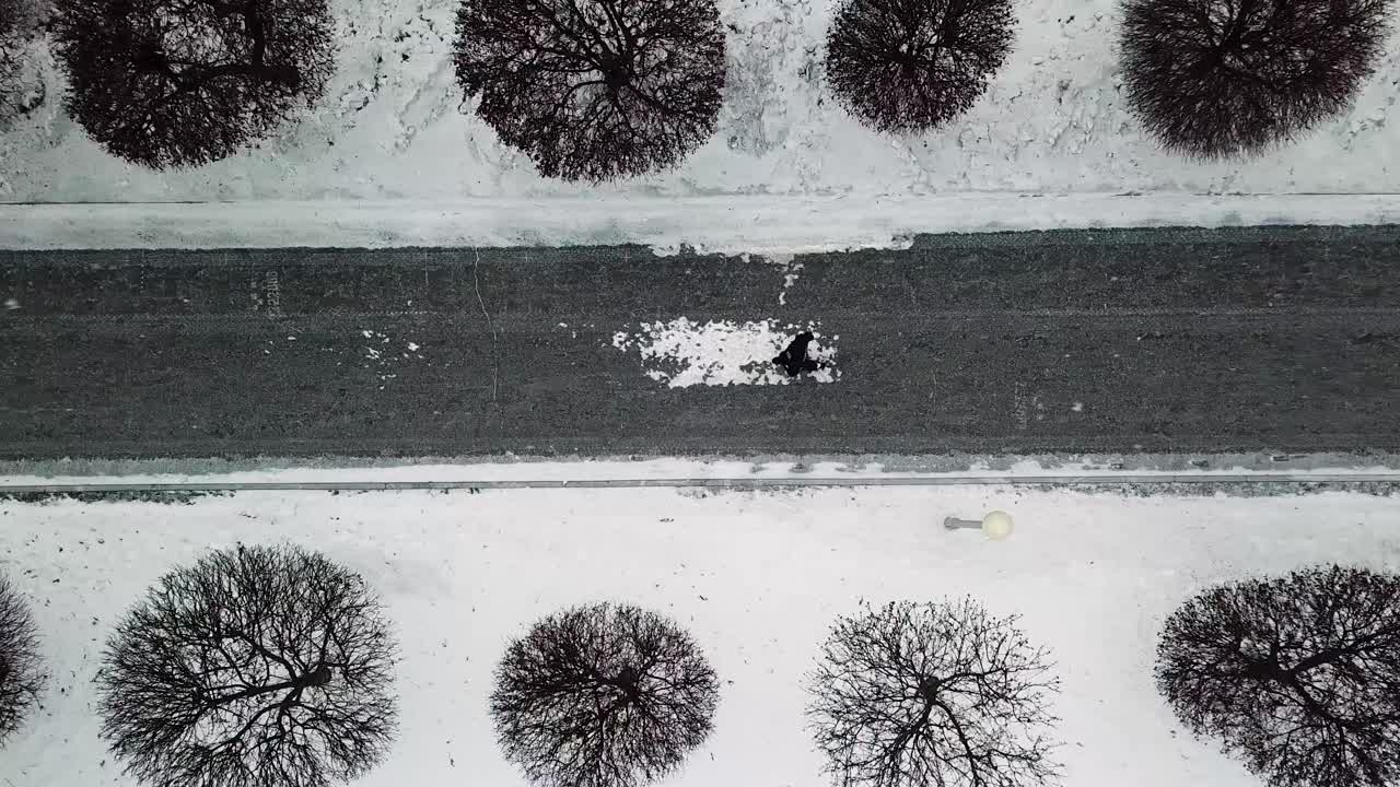 고 있는 사람 과 함께 눈 인 도시 거리