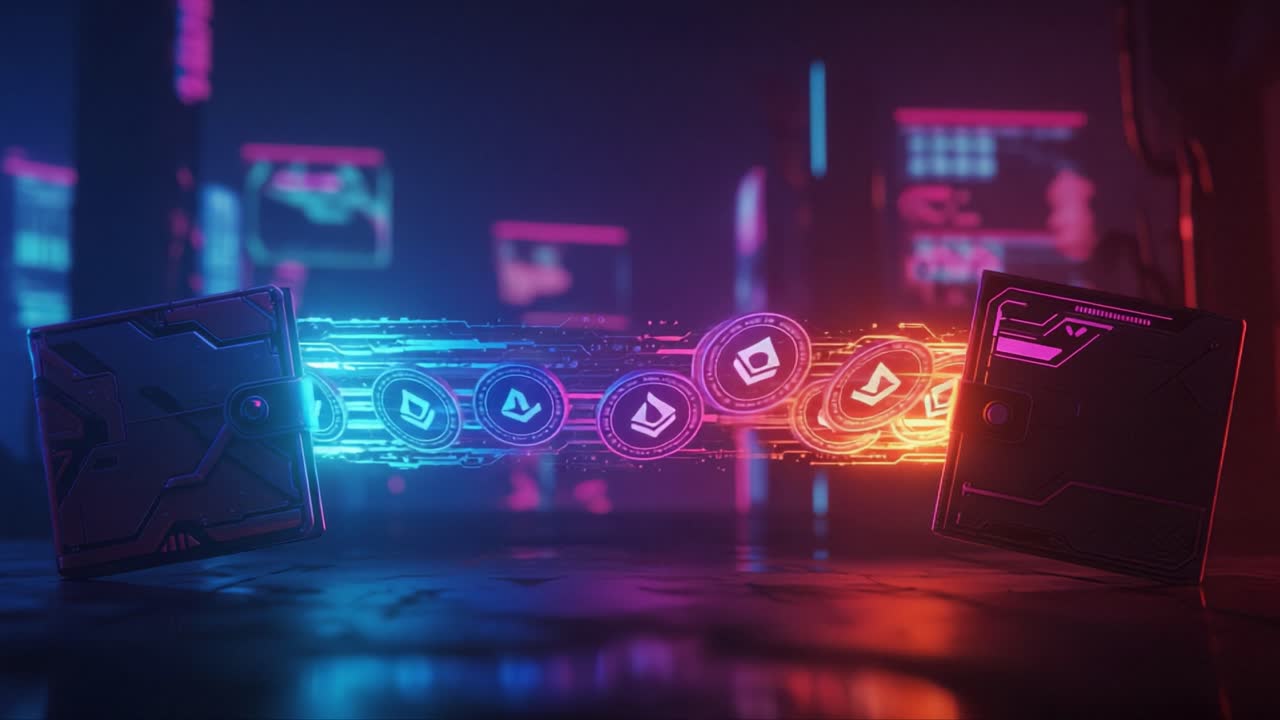 A Futuristic Digital Interface Showcasing Dynamic Energy Flow Between Two High-Tech Boxes Illuminated by Vibrant Neon Colors in a Virtual Environment