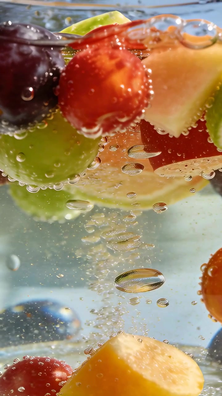 Vertical video: Bubbling skewered grape, cherry, yellow slice rising in glass as gas escapes