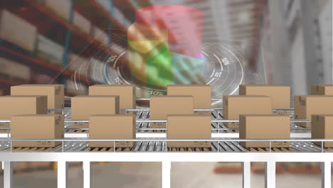 animation of statistics processing over cardboard boxes on conveyor belts