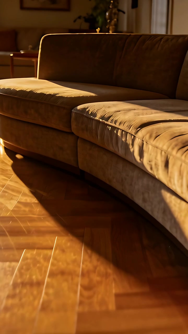 Video verticale: Telecamera che panoramica partendo dal pavimento in parquet, mostrando un divano beige curvo e la luce del sole.