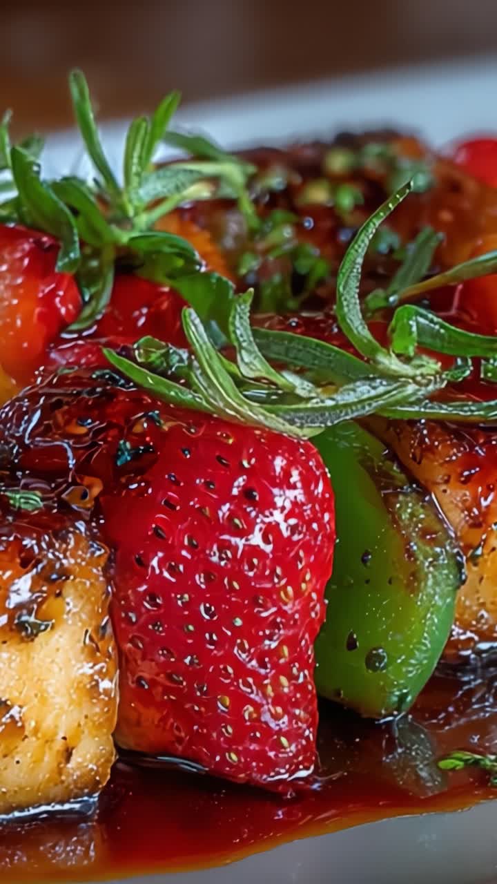 Un primo piano di un piatto gourmet con pollo succulento, fragole vivaci ed erbe fresche in una glassa ricca, perfetto per gli appassionati di cucina e gli amanti del cibo.