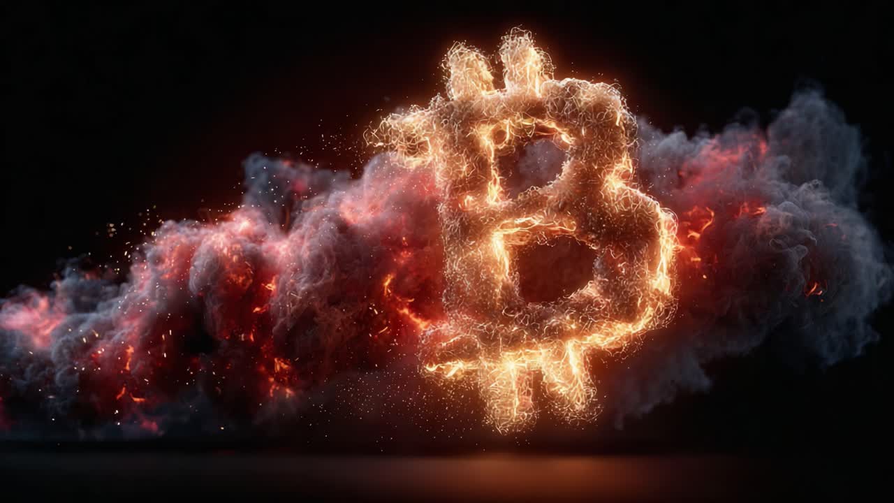 Dynamic Representation of Bitcoin Symbol in Flames Amidst a Smoky Background, Showcasing the Power and Impact of Cryptocurrency in Today's Digital Economy