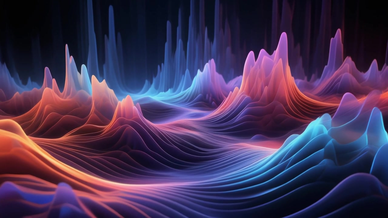 Paesaggio digitale astratto con onde e picchi neon luminosi