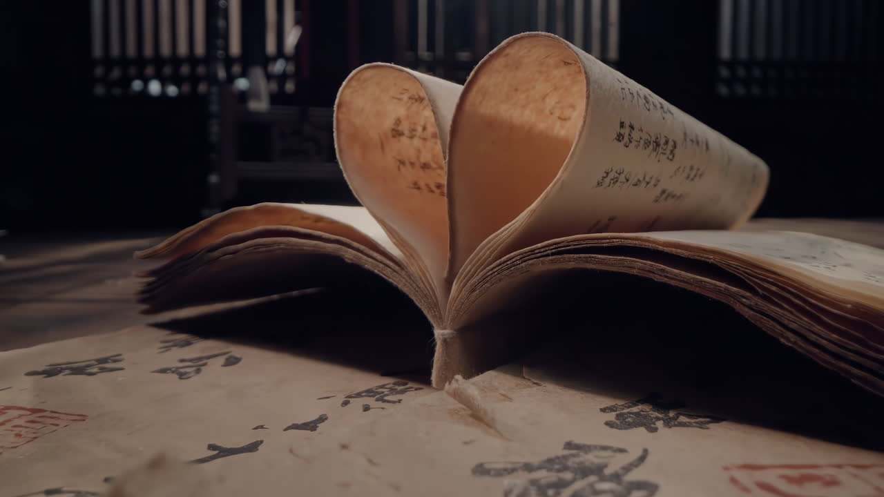 Traditional Chinese calligraphy old book with brush and ink, cultural art with oriental culture artifacts, preserved in the Temple of Confucius