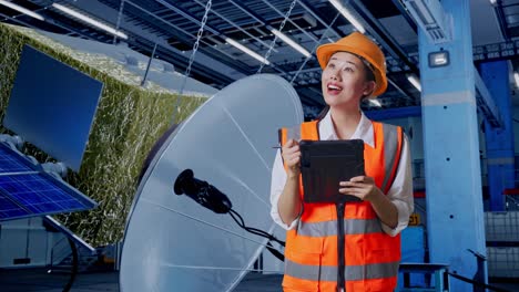 ingeniera que trabaja en el mantenimiento de satélites en una fábrica