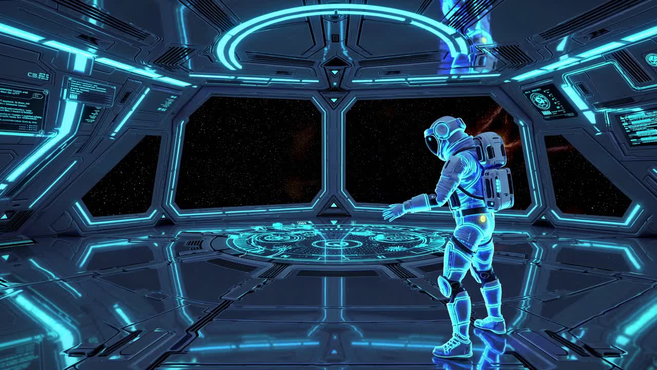 Astronauta nella sala di controllo di un'astronave futuristica