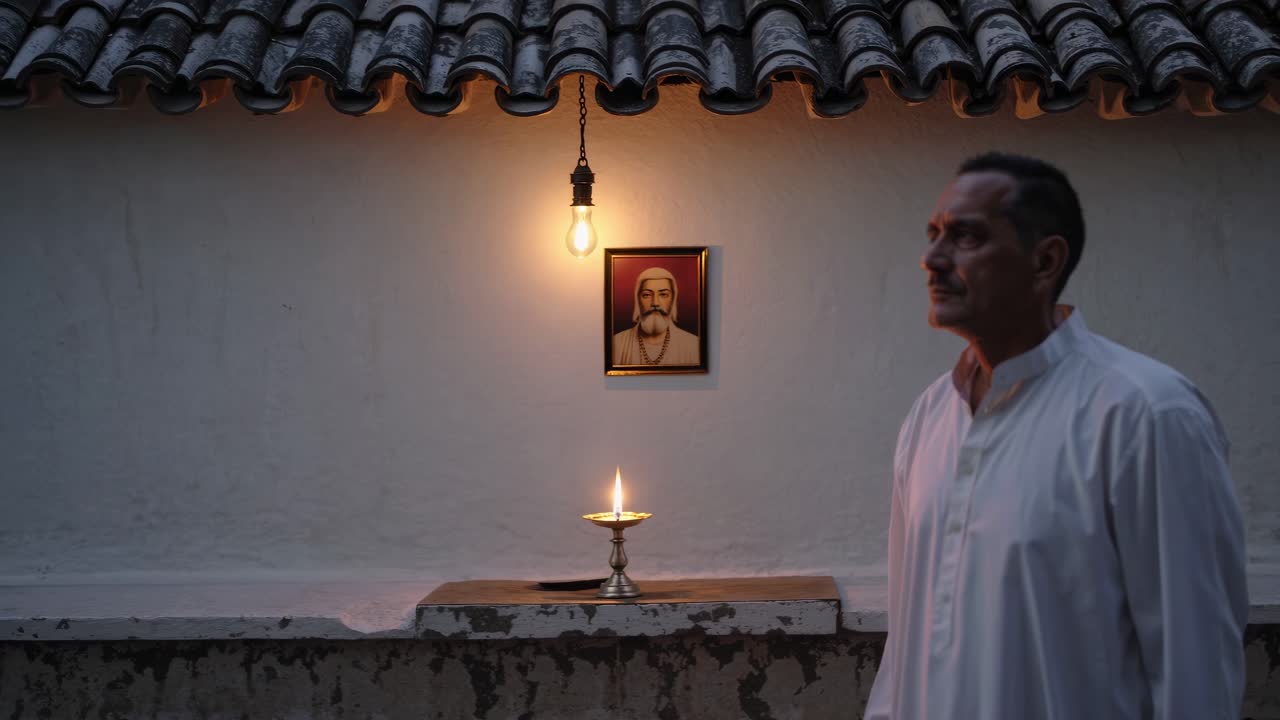 Priest in white clothing stands in profile near a framed painting of a religious figure and a burning candle on a small altar, reflecting in a dimly lit temple under a tiled roof