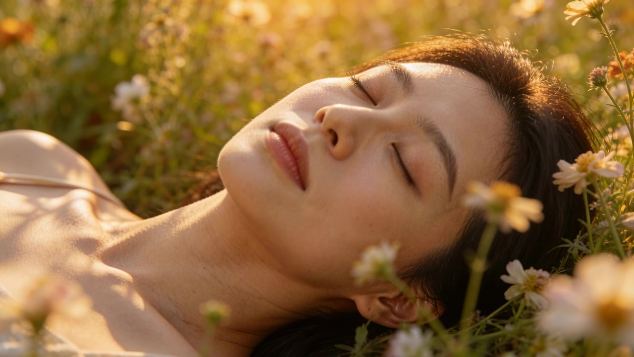 Breathing adult Asian woman resting in flower meadow, sunlight shifting, showing sleeveless top