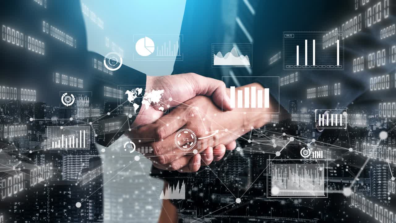 Stretta di mano visiva fantasiosa con la computer grafica dei dati di investimento