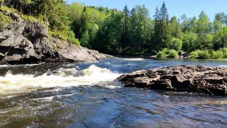 A-large-amount-of-water-flowing-in-the-Numedalslagen-river-in-Norway-on-a-sunny-day