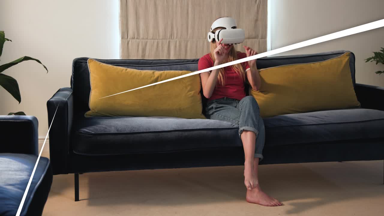 Adult woman putting on white VR headset on sofa, adjusting, tracking animated tech lines and stars