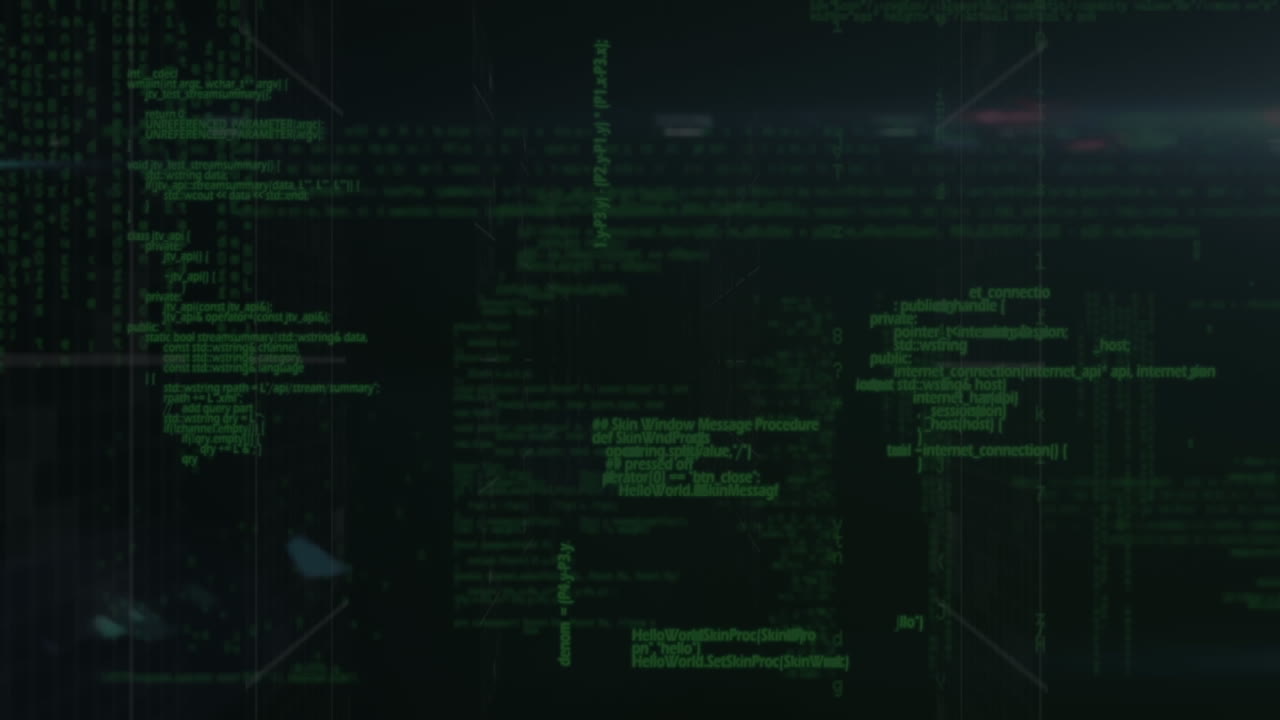 Animation of data processing and light spots on black background