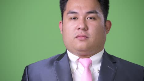 young handsome overweight asian businessman against green background