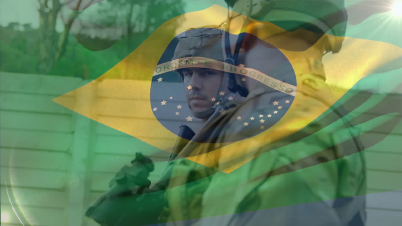 animación de la bandera de brasil sobre soldados caucásicos caminando con armas.