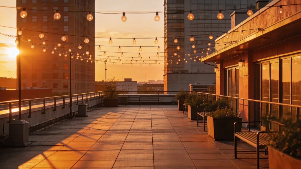 Terraza en la azotea bañada por el sol que se mueve hacia el horizonte, proyectando largas sombras de barandillas sobre las baldosas, luces de guirnalda.