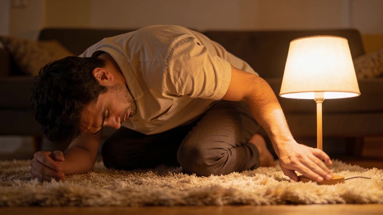 Noticing loose cord, man wearing light polo and dark pants kneeling on rug, manipulating lamp base
