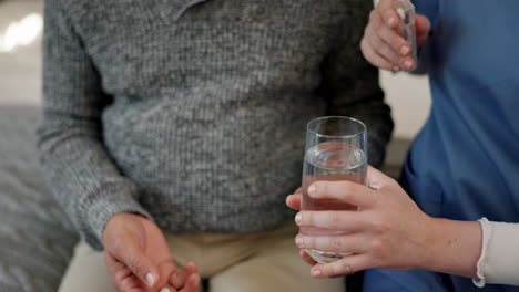 old man, person and drink pills with nurse support