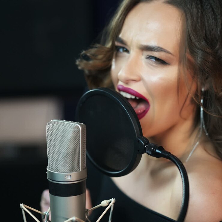 Cantante donna che registra una canzone in uno studio musicale. Studio di registrazione. Video quadrato.