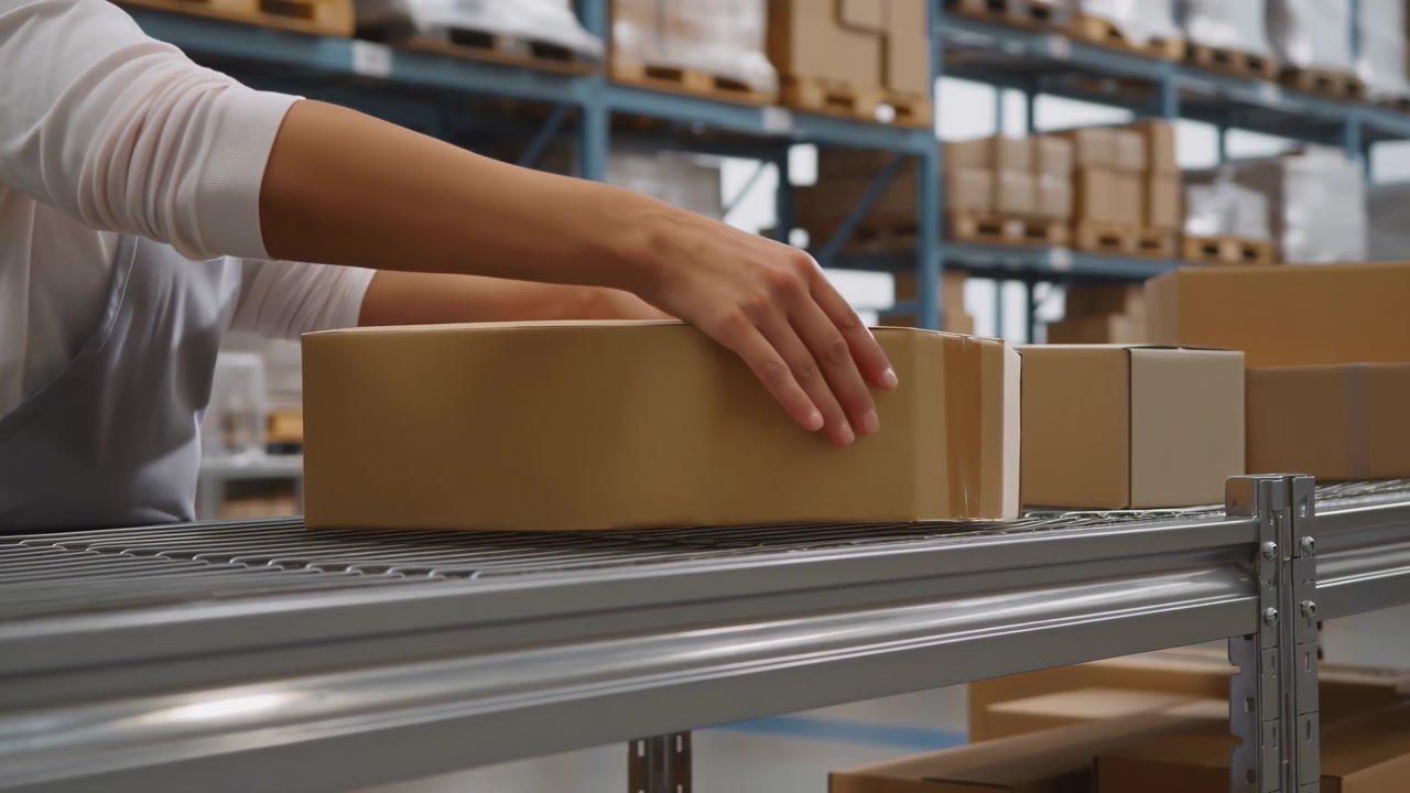 Hands Placing Cardboard Box On Conveyor Belt Inside Warehouse Packing And Quality Check By Fulfillment Worker