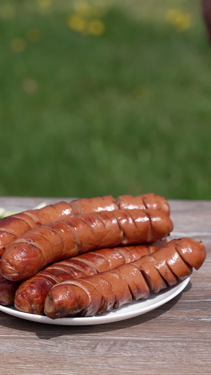 Picnic food on blur nature background. Plate with roasted sausages and fresh vegetables on table. Man adds grilled sausage using tongs to a plate. Close-up. Vertical video