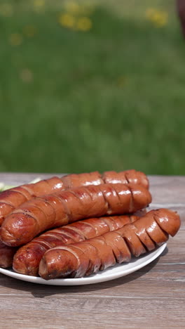 picnic food on blur nature background. plate with roasted sausages and fresh vegetables on table. man adds grilled sausage using tongs to a plate. close-up. vertical video