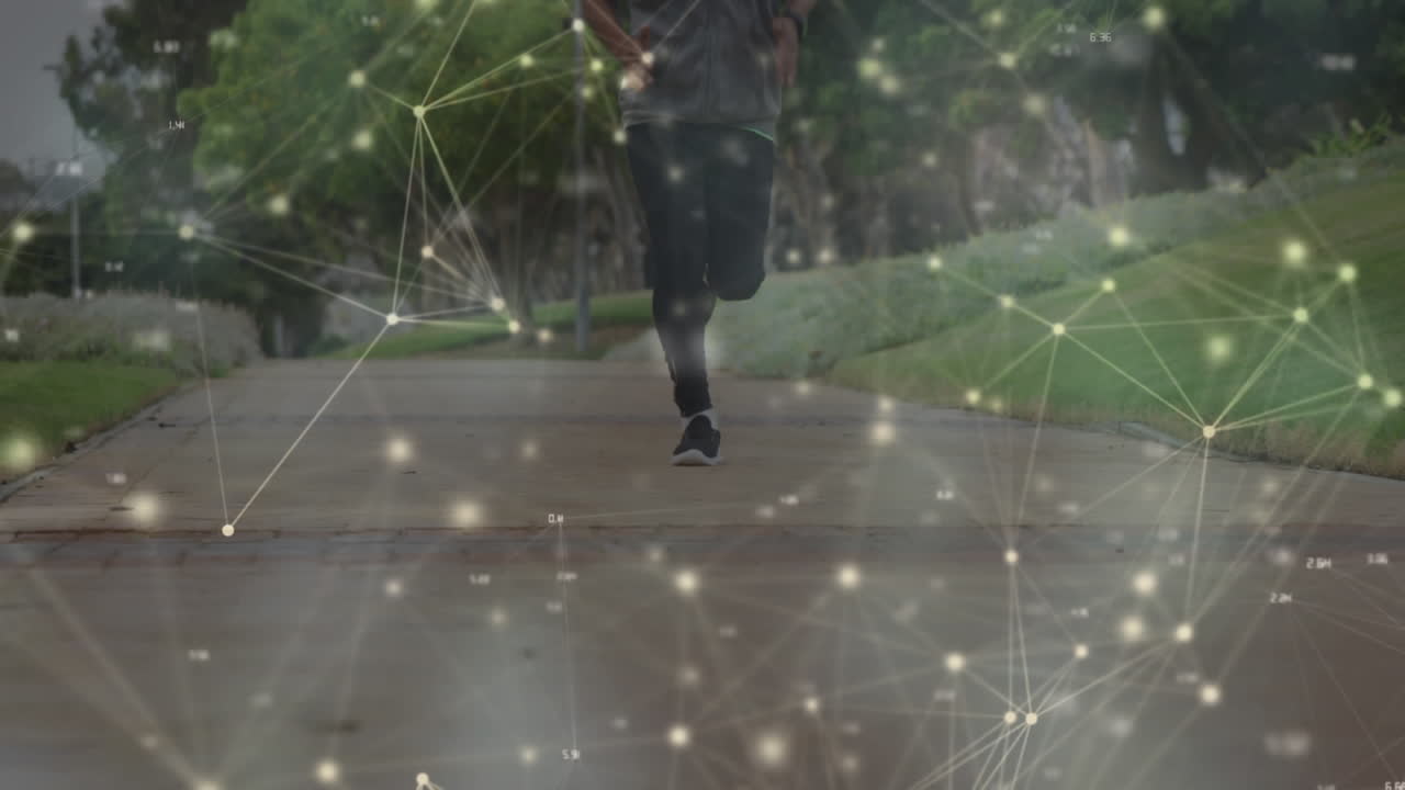 의사 소통 네트워크의 애니메이션 남성 운동 선수가 가공 다리를 가지고 야외에서 달리고 있습니다.