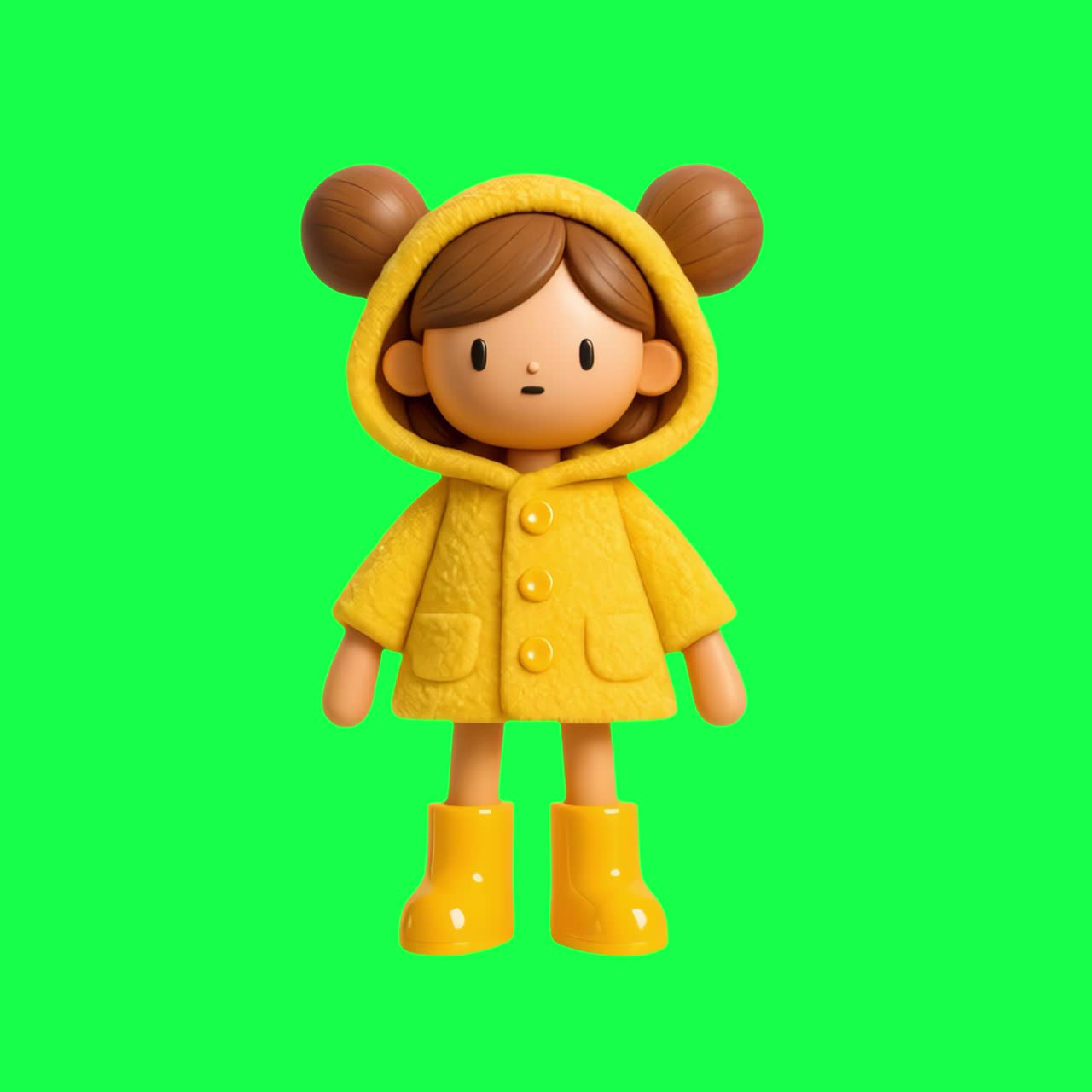 Personaggio animato carino con impermeabile giallo, video 4K trasparente, schermo verde.