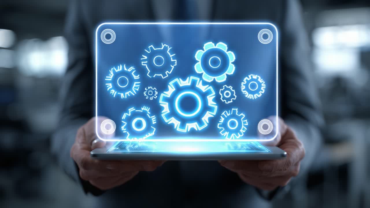 A Business Professional Presenting Digital Gears on a Tablet, Symbolizing Innovation, Automation, and Technological Advancement in the Modern Workplace Environment