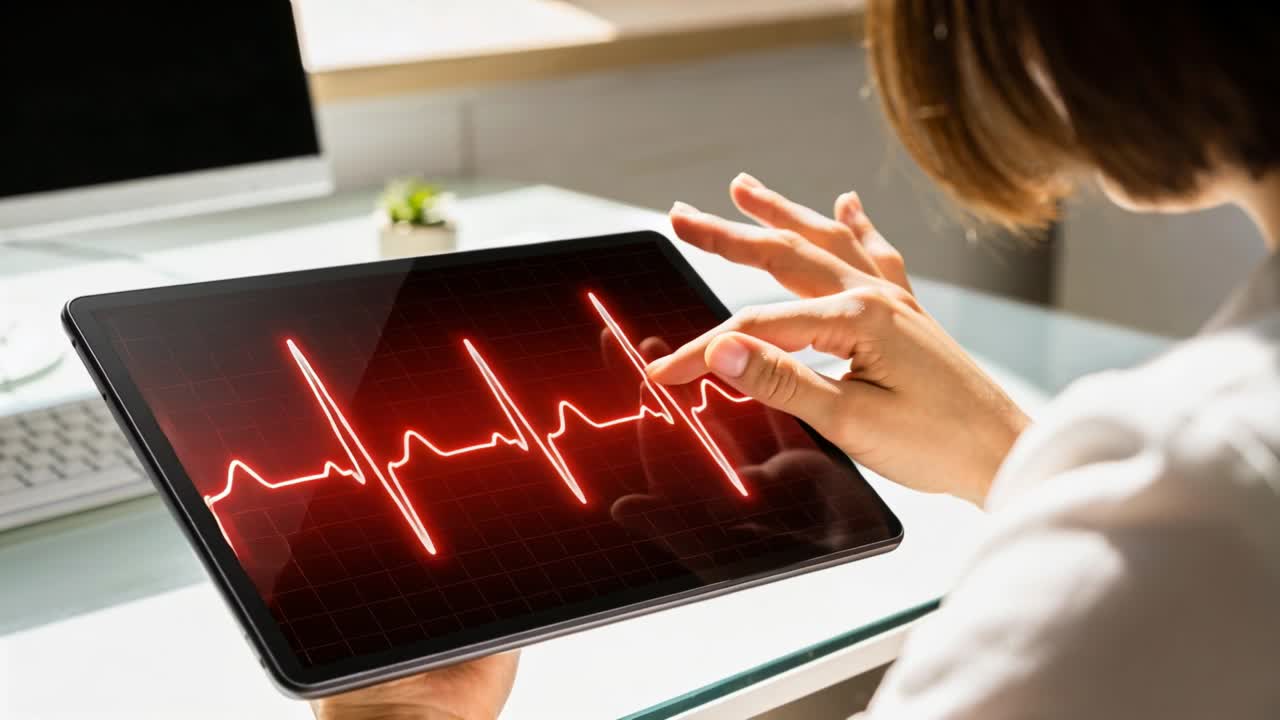 Donna che tocca e traccia, tenendo un tablet su una scrivania di vetro, con un'onda ECG rossa che riempie lo schermo, controllando l'ECG.