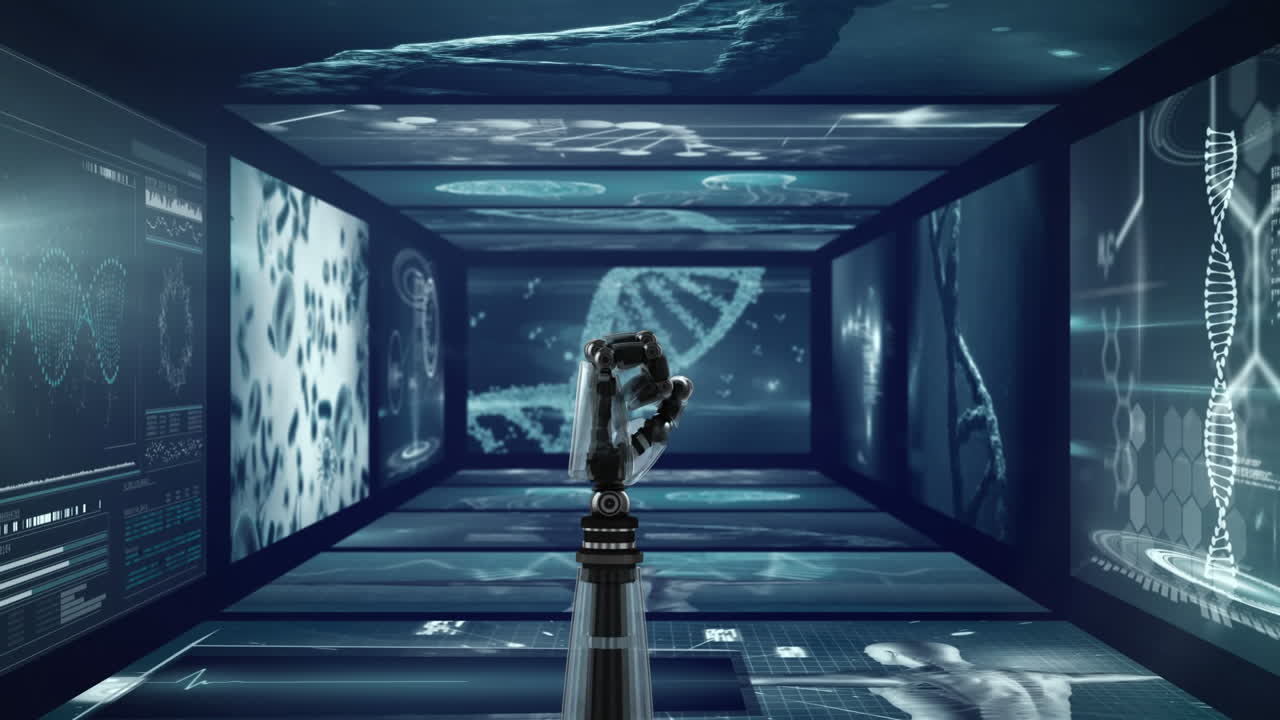 mano robótica haciendo un puño contra el procesamiento de datos médicos