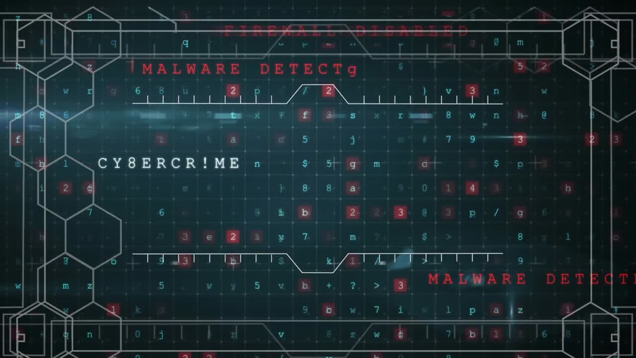 Animation of hexagons pattern over multiple text, letters, numbers and symbol on black background