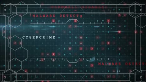 animación de patrones de hexágonos sobre múltiples textos, letras, números y símbolos sobre un fondo negro