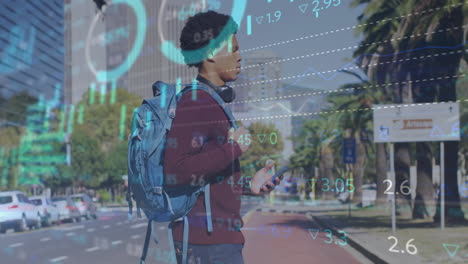 man holding smartphone wearing headphones city street with animated finance charts overlaying data