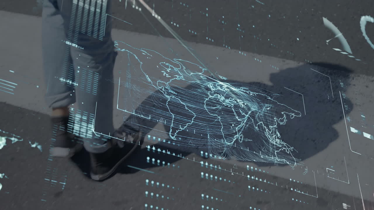 World map and data points animation over people walking in urban environment