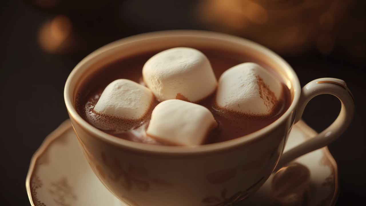 Primo piano di una tazza da tè decorata con cioccolata calda fumante in cucina, con marshmallow