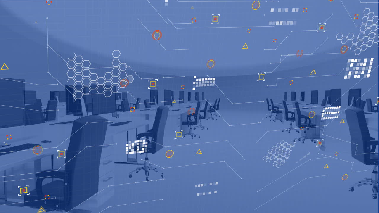 책상과 의자 위에 컴퓨터를 가진 사무실에서 금융 데이터 처리의 애니메이션
