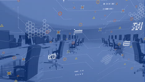 animation of financial data processing over office with computers on desks and chairs