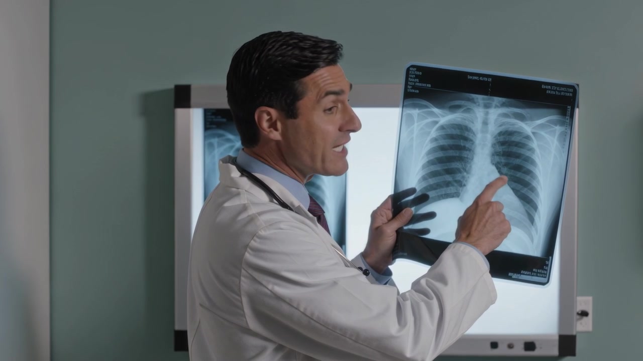 Holding film to lit viewer in radiology room, physician wearing white lab coat pointing, explaining