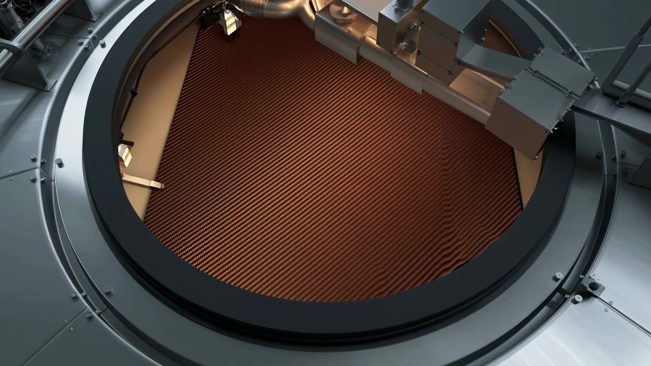 Circular industrial access opening shown from oblique top-down viewpoint, with textured ribbed interior surface, bolted metal rim, gasket ring, support brackets, ducting and shifting inspection light