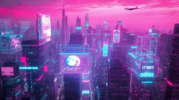 Cyberpunk Cityscape no pôr do sol