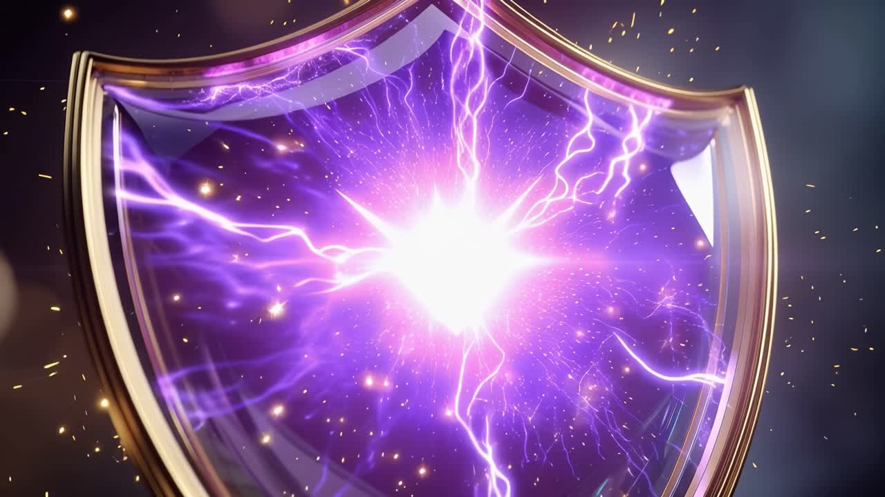 Uno scudo dorato risplende con fulmini viola. L'energia elettrica pulsa attraverso il suo centro. Scintille tremolanti circondano l'emblema protettivo. Perfetto per temi di cybersecurity o difesa digitale.